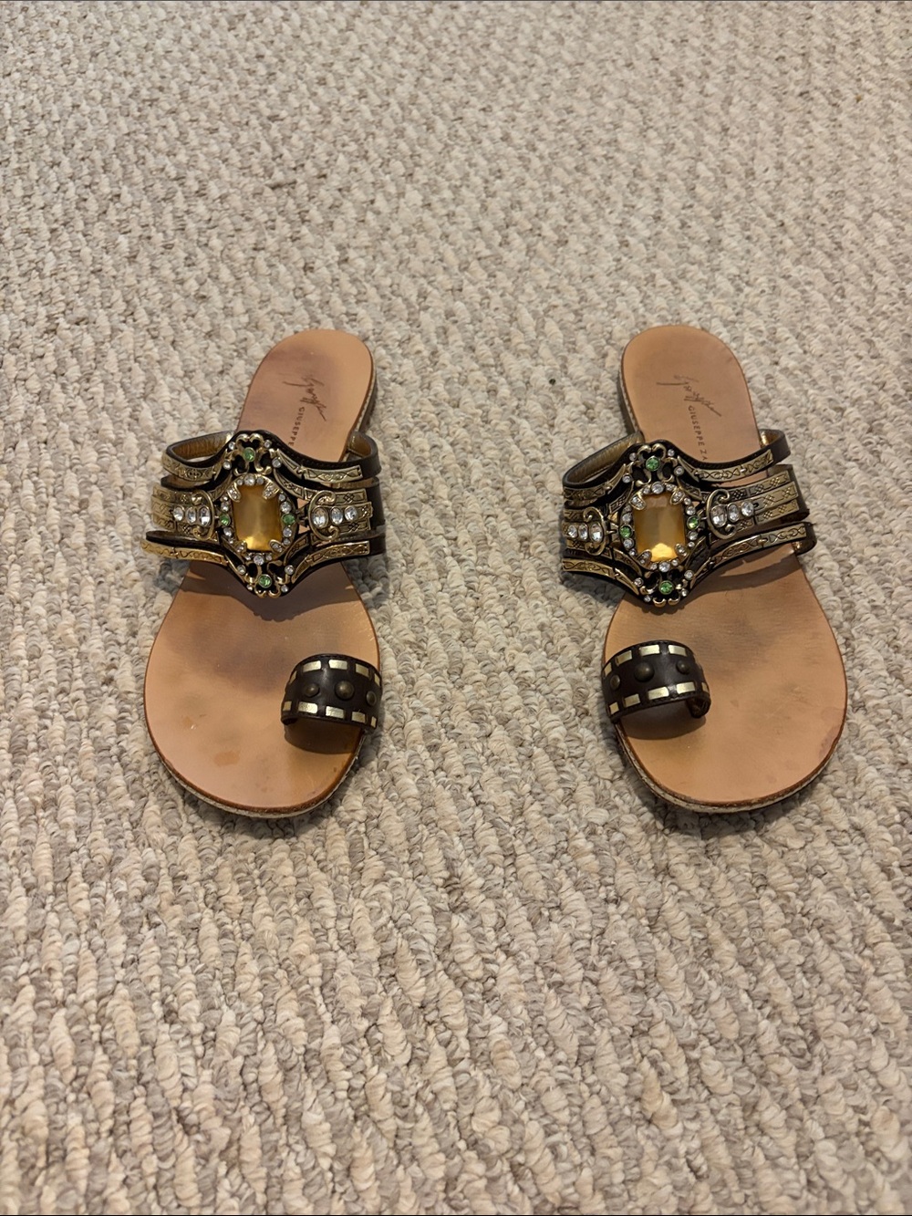 Giuseppe Zanotti Brown Leather Jeweled Slide Sandals with Yellow Gem